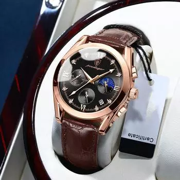 Водонепроницаемые часы ведущего бренда, мужские многофункциональные кварцевые часы с шестью штифтами, деловые кожаные мужские часы-хронограф
