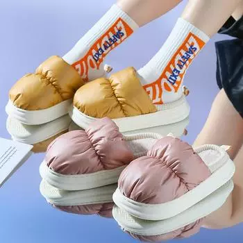 Водонепроницаемые хлопковые тапочки женские зимние плюшевые теплые родовые туфли пуховая ткань толстая подошва нескользящая для помещений 36-37