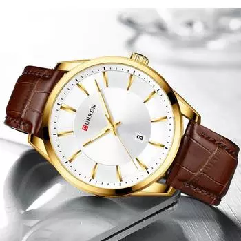 Водонепроницаемые кварцевые деловые мужские часы Curren с кожаным ремнем и календарем чёрный/серебряный