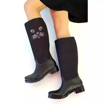 Водонепроницаемые модные женские резиновые сапоги с кошачьим принтом 19131Black