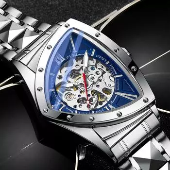 Водонепроницаемые мужские часы из нержавеющей стали, треугольные скелетонированные часы, прозрачные механические светящиеся мужские наручные часы зелёный