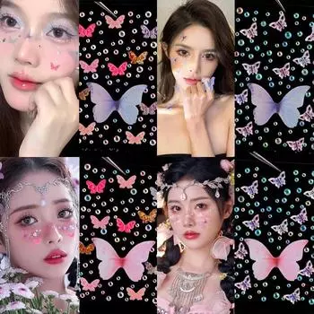 Водонепроницаемые наклейки для лица со стразами и бабочками, временные наклейки для татуировок с жемчугом, долговечные блестки для тела, макияжа для ногтей и лица, декора