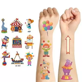 Водонепроницаемые наклейки на тему мультфильмов и цирка, гоночные игрушки, красочные временные наклейки с изображением дикой природы