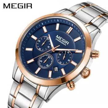 Водонепроницаемые наручные часы MEGIR из нержавеющей стали для мужчин, светящийся хронограф, деловые кварцевые мужские часы, мужские часы reloj hombre