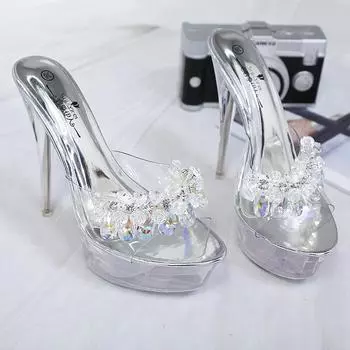 Водонепроницаемые нескользящие женские сексуальные дикие шлепанцы на высоком каблуке женские 13,5 супер высокие прозрачные сандалии 2024 3 золотой