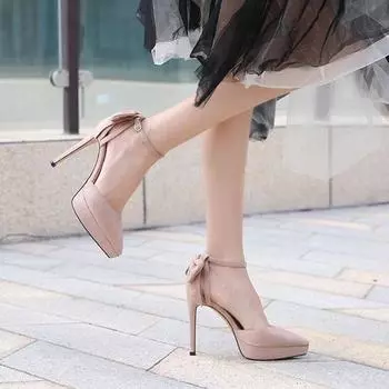 Водонепроницаемые рабочие туфли на высоком каблуке для женщин, тонкий каблук 12 см, односложная пряжка с бантом, заостренные одинарные туфли, полые сандалии для женщин 34