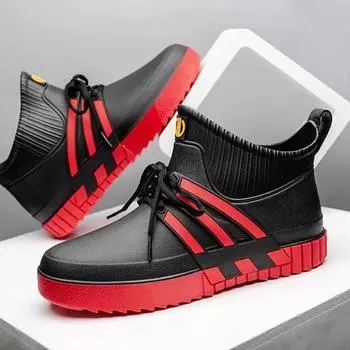 Водонепроницаемые резиновые сапоги для мужчин, повседневные туфли на плоской подошве, резиновые туфли до щиколотки, рабочие защитные галоши, резиновые сапоги для рыбалки, кухонная обувь 39 черный белый