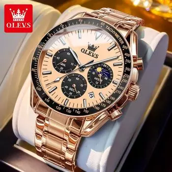 Водонепроницаемые светящиеся кварцевые часы с тремя глазами и фазами Луны, мужские легкие роскошные деловые часы с календарем синий/серебряный