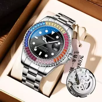 Водонепроницаемые светящиеся мужские механические часы Douyin Rainbow с черным цельным дизайном и календарем