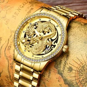 Водонепроницаемые светящиеся золотые кварцевые часы из нержавеющей стали с резным драконом и календарем, модные деловые часы с бриллиантами чёрный