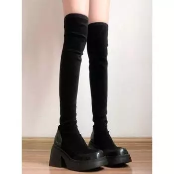 Водонепроницаемые женские сапоги на толстом каблуке в британском стиле 2025 года, модные замшевые сапоги выше колена для женщин 35 чёрный