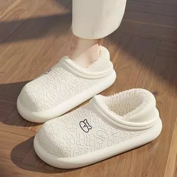 Водонепроницаемые зимние домашние женские и мужские меховые тапочки теплые плюшевые хлопковые туфли для дома и улицы толстая подошва плоская платформа женская обувь 36-37 покинуть белый