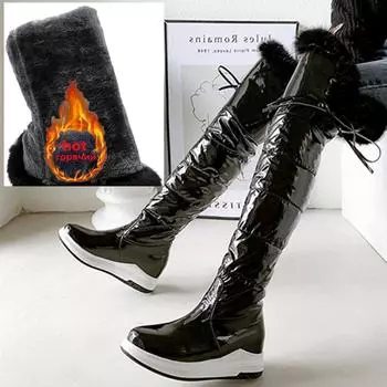 Водонепроницаемые зимние женские сапоги для снега, теплые меховые плюшевые сапоги выше колена, женские пуховые меховые сапоги, сохраняющие тепло, туфли на танкетке и платформе 34 чёрный