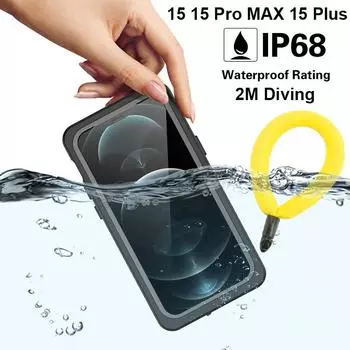 Водонепроницаемый чехол IP68 для iPhone 16 MAX 15 14 Pro 13 12 Mini 11 XS XR 8 7 14 Plus, чехол для дайвинга, плавания, активного отдыха, противоударный, броня For iPhone 14 чёрный
