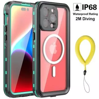 Водонепроницаемый чехол IP68 для Macsafe для iPhone 16 15 Pro Max 14 Plus для дайвинга на глубине 2 м, подводного плавания, спорта на открытом воздухе, магнитный чехол For iPhone 15 чёрный