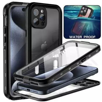 Водонепроницаемый чехол с защитой IP68 для IPhone 15 14 13 12 11 Pro Max XR XS Plus 8 7 SE 2022, металлический алюминиевый противоударный чехол для плавания iPhone 15 Pro Max чёрный