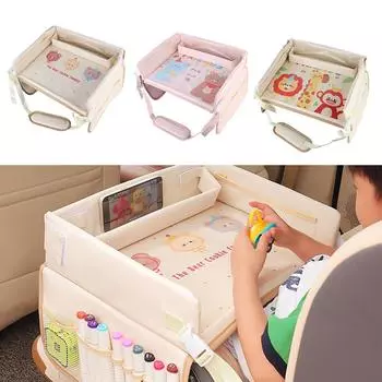 Водонепроницаемый небольшой стол для хранения инструментов, мультяшный многофункциональный автомобильный обеденный стол для рисования, поднос для автомобильного сиденья, складной поднос для детского автомобильного сиденья Khaki Lion Monkey