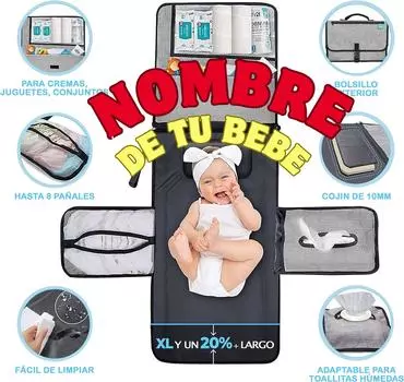 Водонепроницаемый складной портативный пеленальный коврик XL — 6 карманов и дозатор салфеток, идеально подходит в качестве подарка новорожденному. (Серый) SIN personalizacin