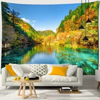 Водопад Горный парк Пейзаж Гобелен Настенный Богемия Психоделический природный пейзаж Украшение дома 100X75CM