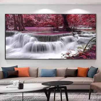 Водопад Холст Настенное Искусство Фиолетовые Деревья Лесной Пейзаж Картина Печать Без Рамки Для Гостиной Украшения Спальни 50*100cm