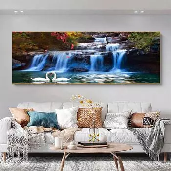 Водопад, лес, лебедь, лотос, холст, живопись, современные пейзажные постеры и принты, настенные художественные фотографии, домашний декор для гостиной, без рамки 20cm40cm NoFrame