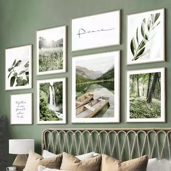 Водопад, озеро, горное дерево, лодка, листья, настенная живопись на холсте, постеры на скандинавскую тему и принты, настенные панно для декора гостиной A4 21X30cm No Framed