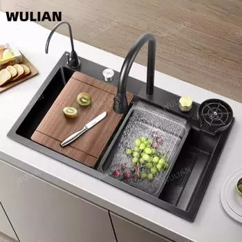 Водопадная мойка для кухни из нержавеющей стали, монтируемая сверху, рельефная большая однослотовая раковина с многофункциональным баком, низкая цена 600X450MM чёрный