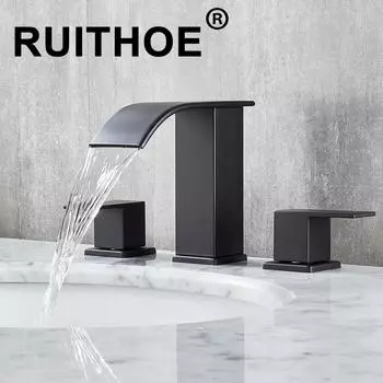 Водопадный смеситель для ванны, двухрычажный смеситель для раковины, смеситель для горячей и холодной воды, 3-отверстий для ванной комнаты G9/16 чёрный