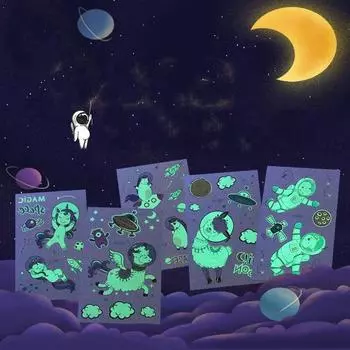 Водостойкая детская светящаяся наклейка, аэрокосмическая Вселенная, астронавт, мультяшная татуировка, наклейка, поддельная татуировка для женщин