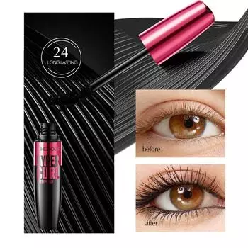 Водостойкая тушь для ресниц с суперобъемом и длительным эффектом, не размазывается и не подкручивается в течение 24 часов чёрный