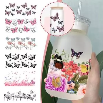 Водостойкие 3D УФ-переносные наклейки DTF с принтом бабочки, переносные наклейки на чашки, новые обертывания для чашек 16 унций