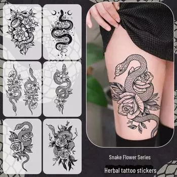 «Водостойкие долговечные наклейки для татуировки «Танец змеи» с розой для женщин — травяной полуперманентный темный дизайн» 11*18cm