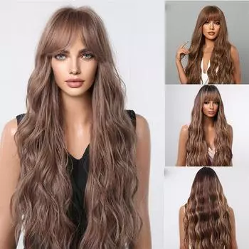 Водяная рябь, прямая челка, парик, женские длинные волосы, градиент, коричневые, пушистые, натуральные вьющиеся волосы 76cm