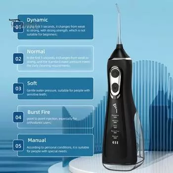 Водяная зубная нить, 5 режимов, вращающаяся на 360° насадка, IPX7, водонепроницаемая, 40-140 фунтов на квадратный дюйм, портативный беспроводной перезаряжаемый электрический очиститель для зубов высокого давления чёрный