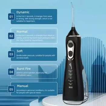 Водяная зубная нить, 5 режимов, вращающаяся на 360° насадка, IPX7, водонепроницаемая, 40-140 фунтов на квадратный дюйм, портативный беспроводной перезаряжаемый электрический очиститель для зубов высокого давления чёрный
