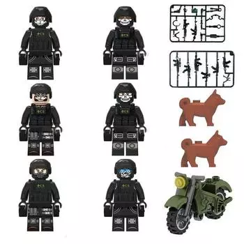 Военная фигурка из строительных блоков Черный солдат спецназа Беспорядки Вооруженный мотоцикл Игрушка 6 наборов Pyp