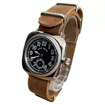 Военные часы Подушкообразные часы Черный циферблат Коричневый ремешок из натуральной кожи crazy horse [M.R.M.W.]
