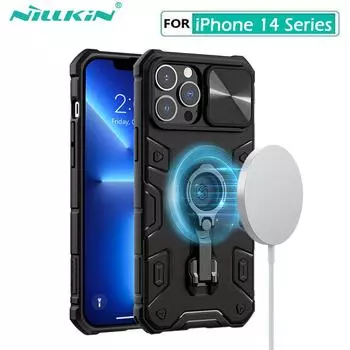 Военный магнитный беспроводной кольцевой кронштейн для iPhone 14 13 Pro Max, оригинальный чехол NILLKIN CamShield Armor Slide Camera Cover iPhone 14 Plus чёрный
