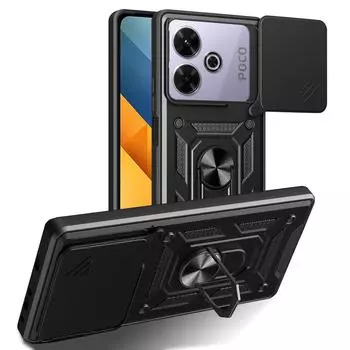 Военный защитный чехол для камеры POCO M6 4G POCO F6 Pro POCO F6 Hybrid Ring Stand Противоударный чехол с полной защитой For POCO M6 4G чёрный