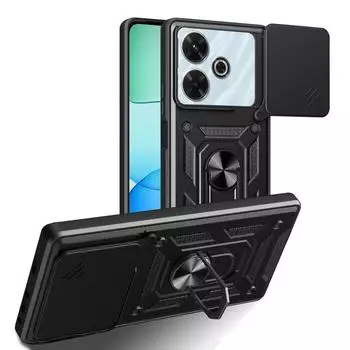 Военный защитный чехол для камеры с держателем для Xiaomi Redmi 13 4G Redmi13 Redmi Note 13R, гибридное кольцо-подставка, противоударная полная защита For Redmi 13 4G чёрный