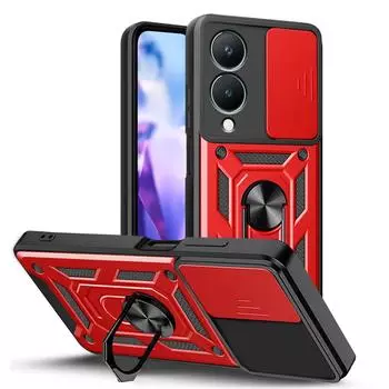 Военный защитный чехол для камеры VIVO Y28 Y03 Y100 Y02 Y17S Y27 Y36 Y35 Y16 Y22 Y21 Y55 Y33S Y33 Y31 Y51 Y20 Гибридная задняя крышка-подставка с кольцом For VIVO Y28 4G чёрный