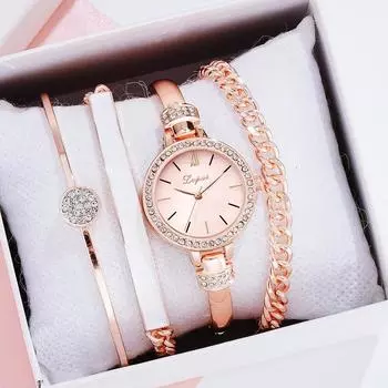 Vogue 4PCS Diamond Watches Business Women Fashion Quartz Handwatch Bracelet Suit New Style 4PCS Set