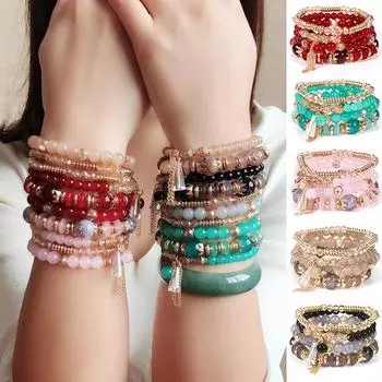 Vogue 4Pcs/Set Fashion Crystal Многослойные Браслеты Браслет Богемный Бисер Натуральный Камень