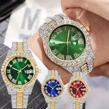 Vogue Business Clock Мужские часы с бриллиантами Роскошные кварцевые часы из нержавеющей стали Подарочные наручные часы Хип-хоп Мода Calenda