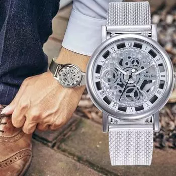 Vogue Мужские кварцевые часы из полой нержавеющей стали Деловые часы Модные скелетонированные мужские сетчатые наручные часы для спорта золотой