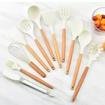 Vogue силиконовый белый набор посуды лопатка половник венчики пищевая силиконовая кухонная утварь антипригарное покрытие с деревянным многофункциональным инструментом для приготовления пищи Egg Beater