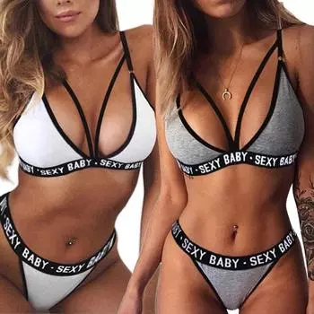 Vogue Women Ladies Letter Push Up Sleepwear Нижнее белье G-String Thong Bra Нижнее белье Комплект бикини Корсет Сексуальный Спорт M серый