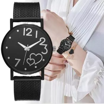 Vogue Women s Fashion Stainless Steel Mesh Belt Heart-shaped Quartz Analog Wrist Watch Casual New Accessories Love Mesh Belt Women Watch Heart