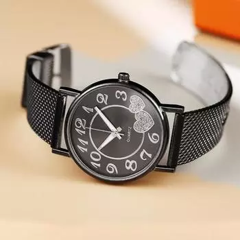 Vogue Женские Мужские Серебряные Часы Наручные Часы с Циферблатом Кварцевые Часы Часы Love Heart Золотые Часы Mesh Подарки Модные Повседневные Часы чёрный