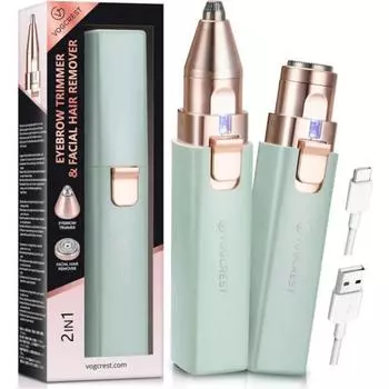 Voguecrest Hair Trimmer 2 в 1 для удаления волос на лице и бровей для женщин Перезаряжаемый портативный светодиодный фонарь, зеленый